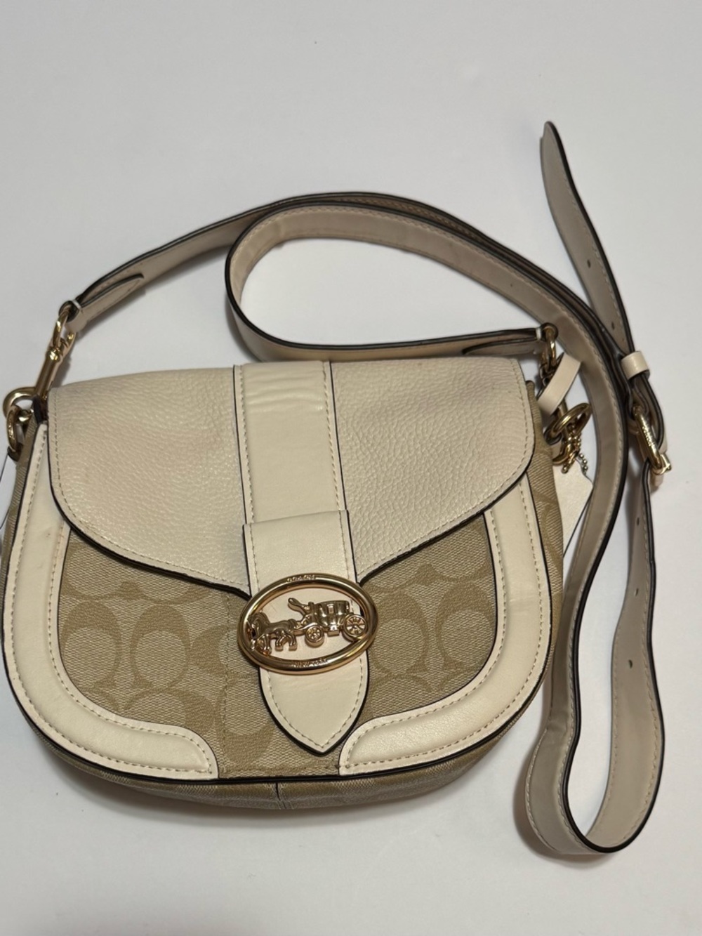 Coach Signature Saddle Bag Crossbody Horse Carriage Logo Beige Canvas Leather